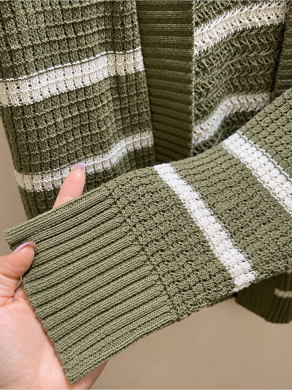 American Eagle Outfitters Olive & Cream Striped Open Cardigan - Picture 4 of 4